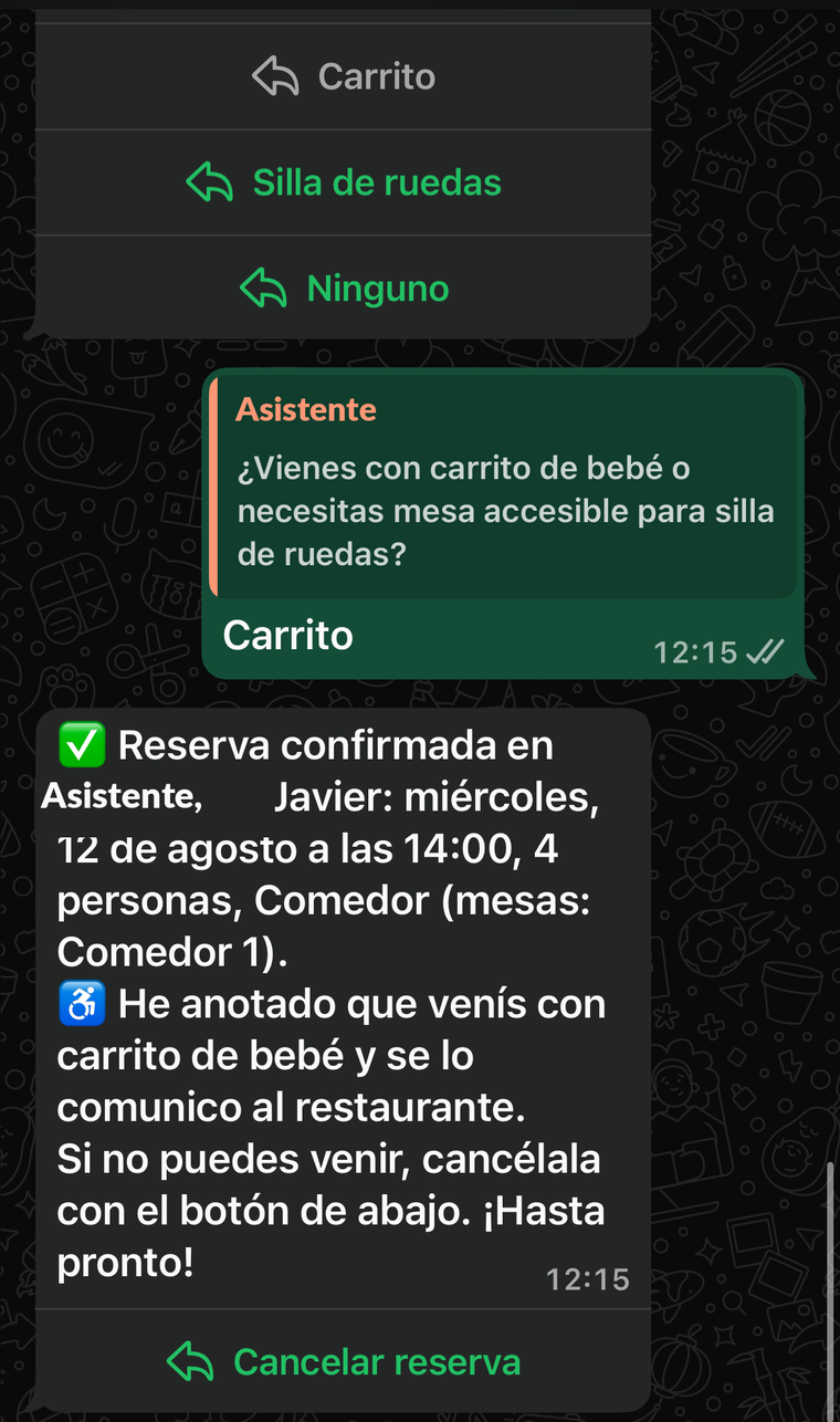 Reserva confirmada con todos los datos y un botón para cancelarla si el plan cambia
